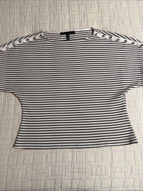 Striped Black & White and beige Boatneck Button-Shoulder Women’s Top